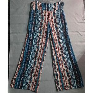 Womens Large Western Boho Print Smocked Waistband Wide Leg Pants Palazzo Hippie